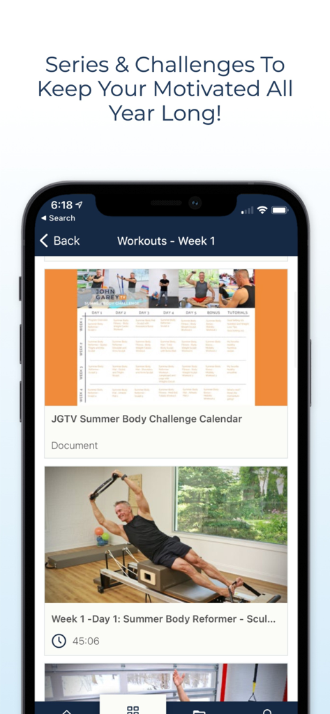 Pilates & Fitness TV - The Pilates and Fitness TV app displaying a Summer Body Challenge calendar and a Reformer workout video.