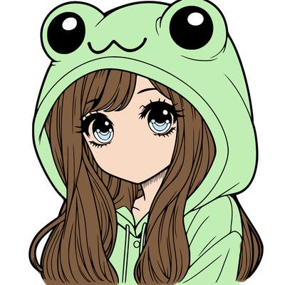 a pretty girl wearing a frog hoodie portrait with long hair