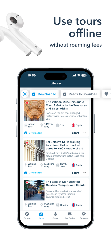 VoiceMap App-Bibliothek, die heruntergeladene Audiotouren für die Offline-Nutzung anzeigt