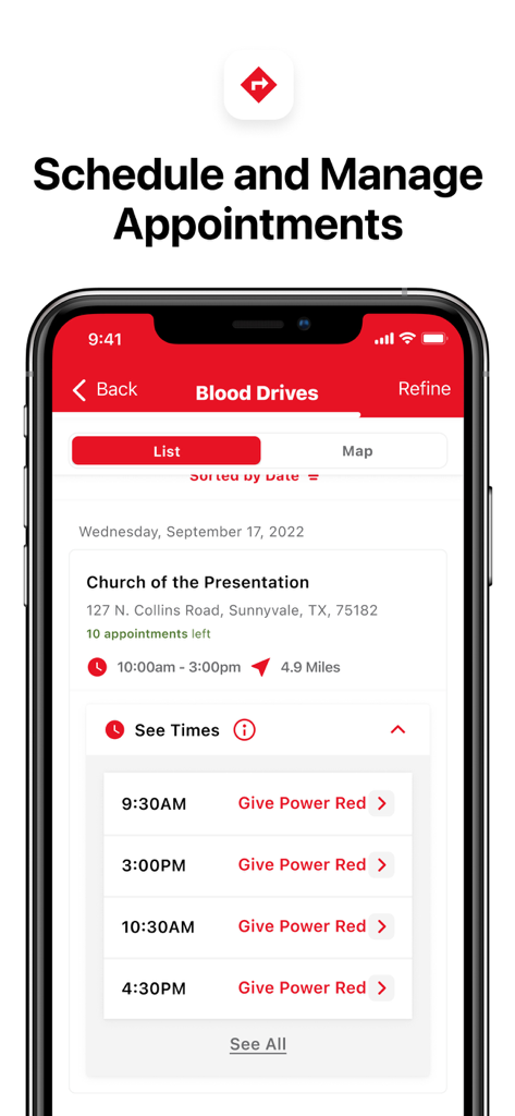 Screenshot of the American Red Cross Blood Donor app showing a list of available blood drive appointment times at a local center.