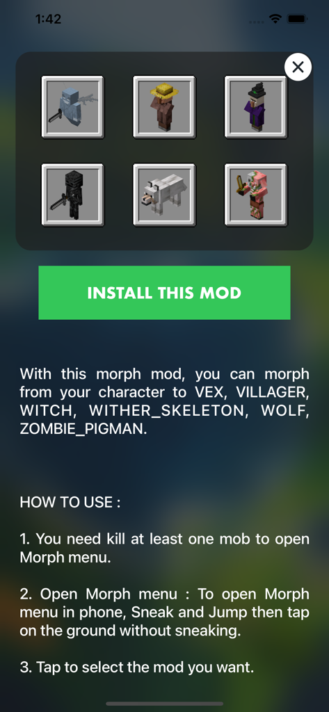 Interface of a Minecraft morph mod app showing mob selection and installation steps.