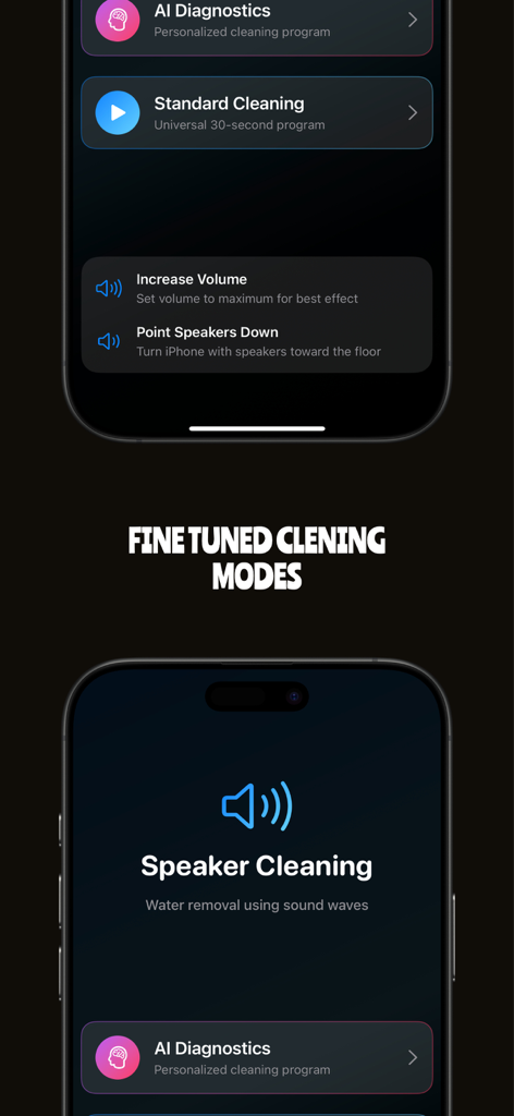 Get Water Out Of Phone: WaveAI - WaveAI app interface displaying fine tuned speaker cleaning modes and instructions