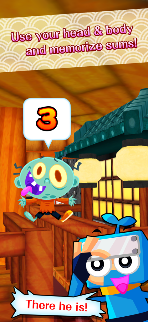 A ninja character discovering a villager with the number three in a 3D AR world.