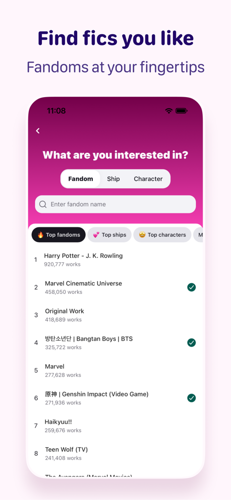 Fictivity: AO3 Unofficial - Mobile screen of Fictivity app showing a search bar and a list of popular fandoms like Harry Potter and Marvel for finding fanfiction