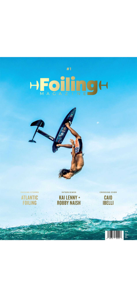 Foiling Magazine - Cover von Foiling Magazine mit einem Hydrofoil-Surfer, der einen Rückwärtssalto über einer Welle ausführt