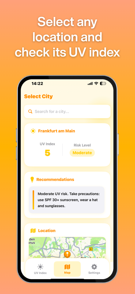 Sundex app screen displaying UV index risk level and sun protection recommendations for a selected city