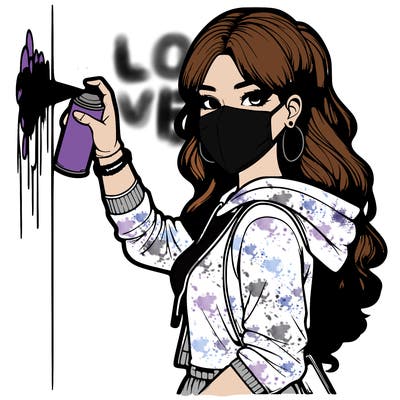 realistic girl with mask spray painting a wall