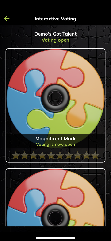 Jigsaw Interactive - Interactive voting screen in the Jigsaw Interactive app for a live talent show performance