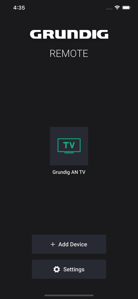 Grundig Smart Remote app main screen displaying a connected Grundig TV and options to add devices or access settings