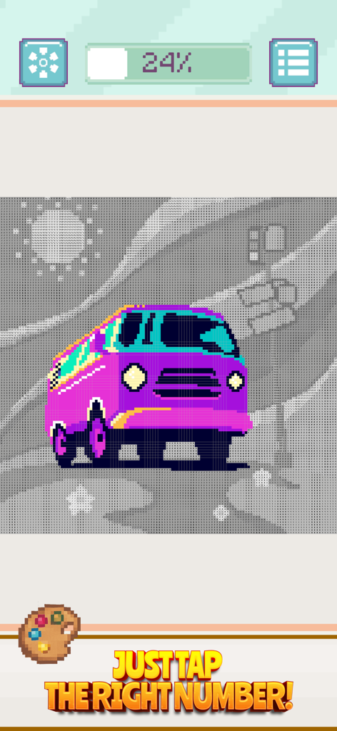 Color Zen: Paint by Number - Una sesión de coloreado de arte pixelado con un autobús retro morado y rosa en la aplicación Color Zen.