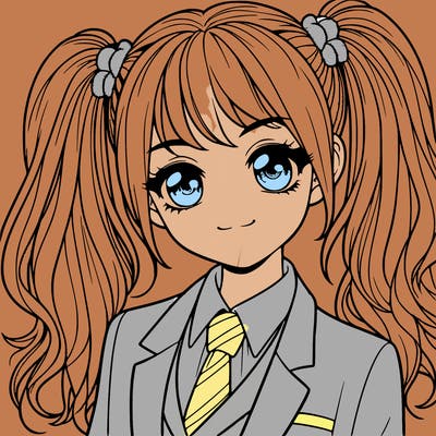 realistic girl with two ponytails and a suit on