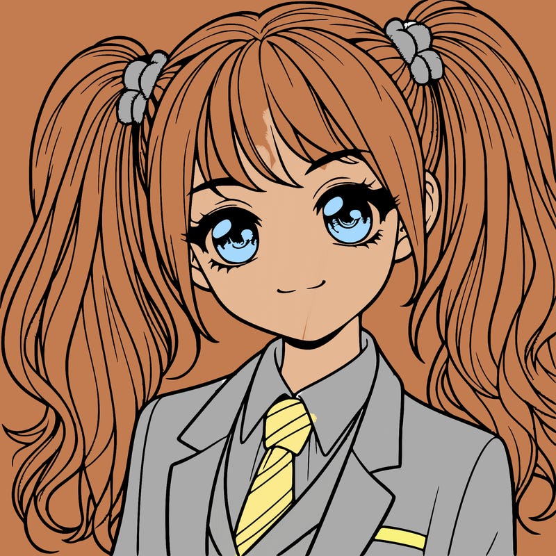 realistic girl with two ponytails and a suit on