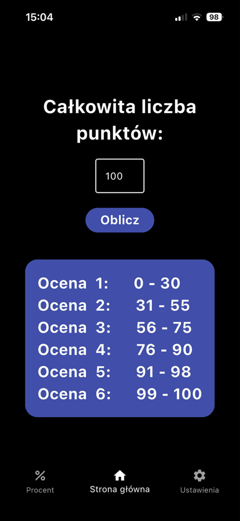 Kalkulator Ocen - A screen from the Kalkulator Ocen app displaying calculated grade ranges for a total of 100 points.