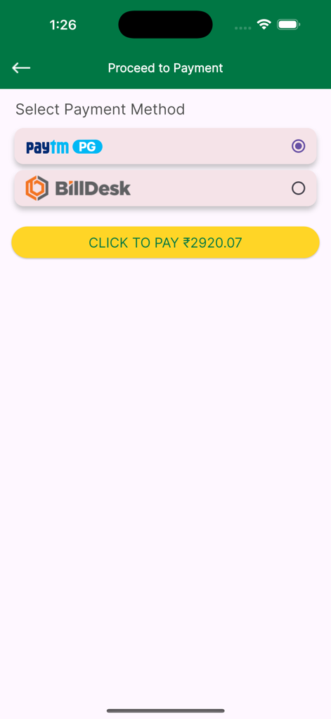 IGL Connect - IGL Connect mobile app payment method selection screen showing Paytm and BillDesk options with a pay button