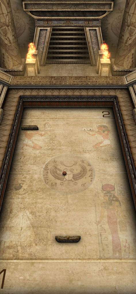 Captura de pantalla de la jugabilidad de Ping Pong 3D mostrando el nivel temático egipcio con jeroglíficos y una mesa de piedra