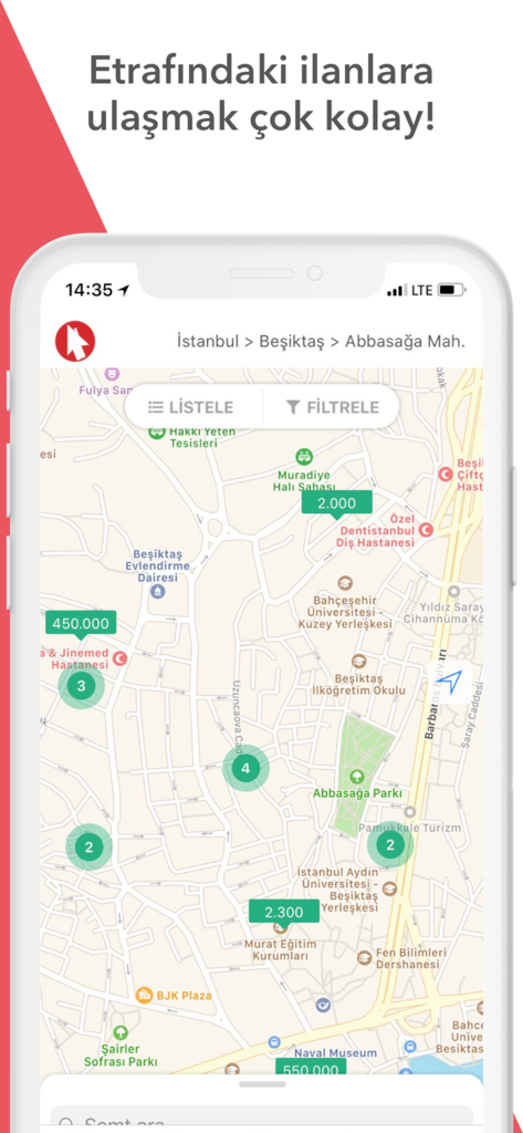 Emlaksitem | Emlak İlanları - Emlaksitem app map interface showing real estate listings and prices in Istanbul Turkey