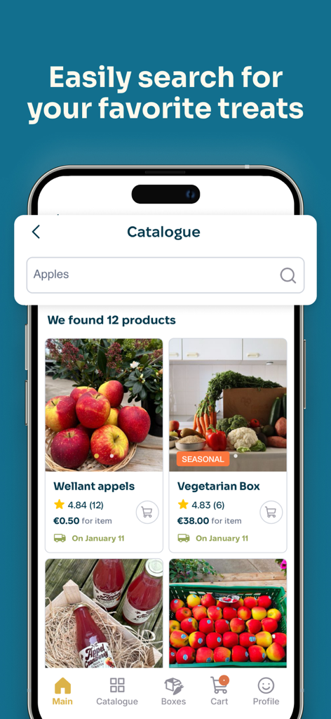 FarmToHome: Buy from Farmers - Smartphone screen showing FarmToHome app catalogue with fresh apples and a seasonal vegetarian box