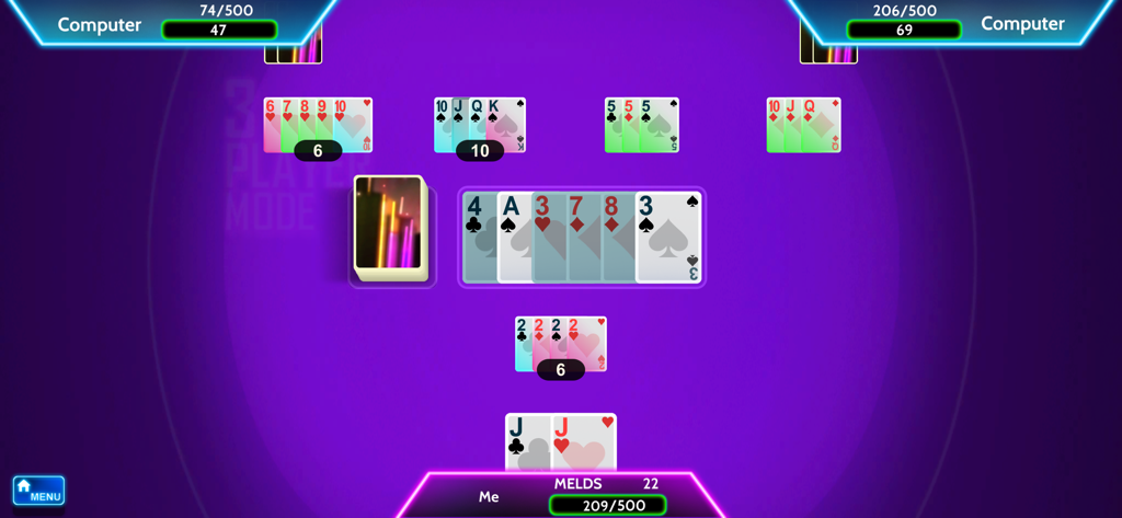 Classic Rummy 500 card game - Gameplay screen of Classic Rummy 500 in 3-player mode showing card melds and computer opponents