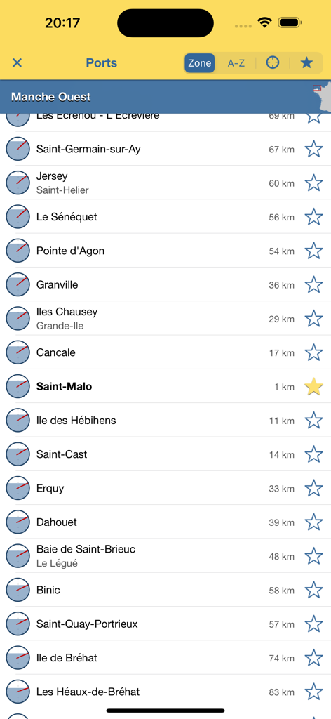 Interfaz de la aplicación Maree info Essentiel mostrando una lista de puertos en el Canal de la Mancha Occidental con distancias e iconos de estado de mareas