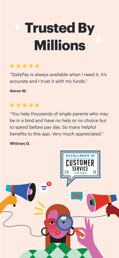 DailyPay user reviews and 2024 excellence in customer service award badge
