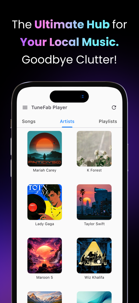 TuneFab Player - Pantalla de la biblioteca de artistas de TuneFab Player mostrando la colección de música local en un diseño de cuadrícula limpio
