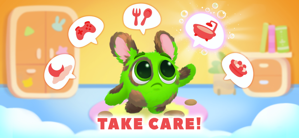 A sad dirty green pet in a nursery with icons for feeding bathing and playing