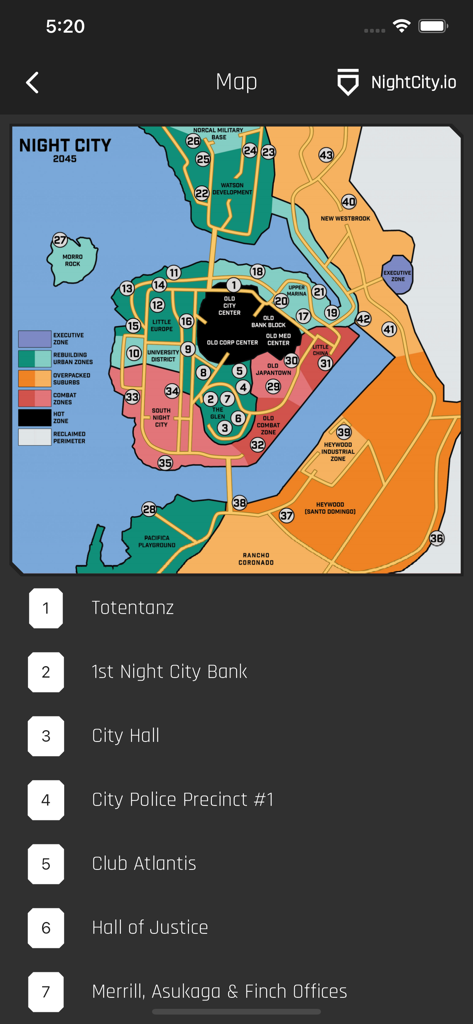 A detailed digital map of Night City 2045 featuring numbered locations and color-coded zones in the Cyberpunk Red Companion app interface