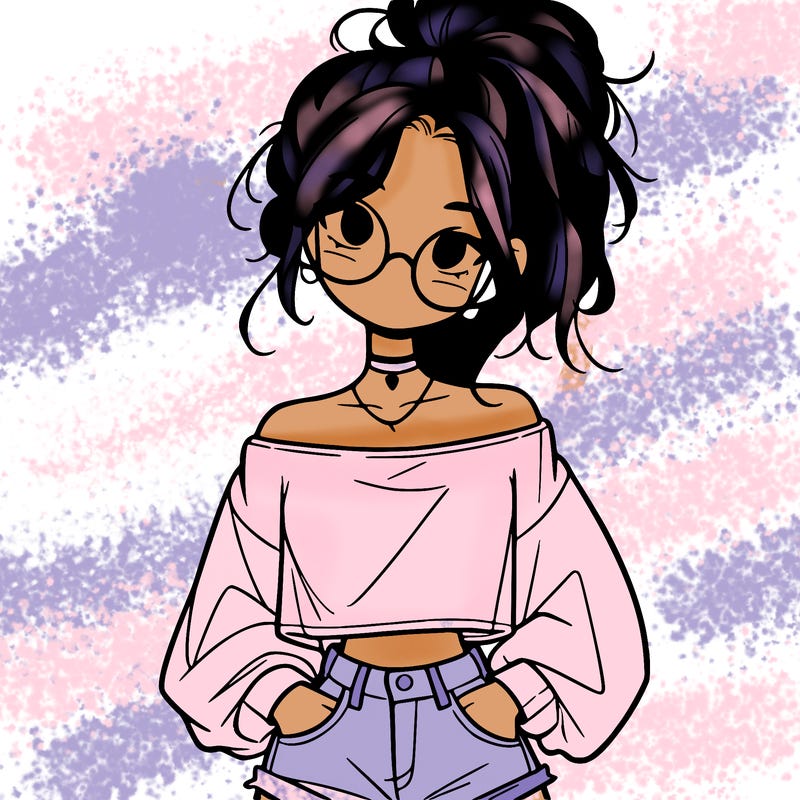 girl with a messy ponytail glasses a baggy crop top and jean shorts