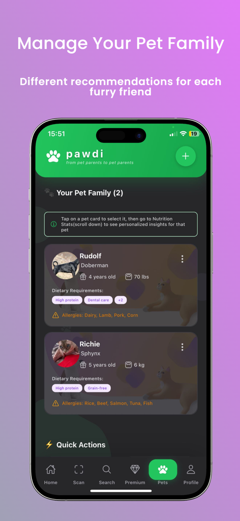 Pawdi - Pet Food Scanner - Painel do aplicativo móvel mostrando perfis de família de animais de estimação para um Doberman e um gato Sphynx com seus requisitos dietéticos e alergias