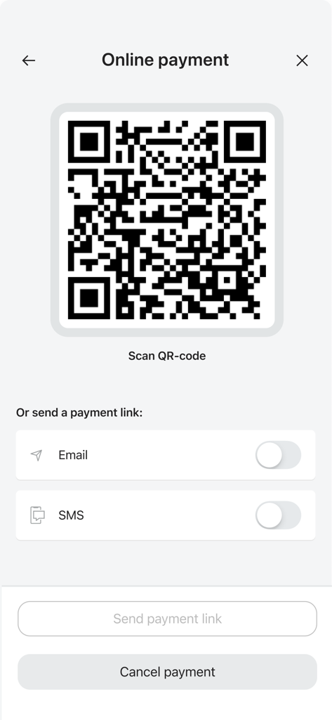 Linework app - Linework App Online-Zahlungsbildschirm mit einem QR-Code und Optionen zum Senden von Zahlungslinks per E-Mail oder SMS
