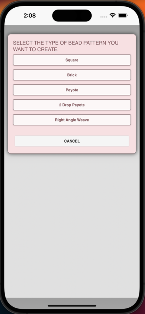 BeadPatternCreator - A menu screen in the BeadPatternCreator app for selecting bead stitch types including Square Brick and Peyote