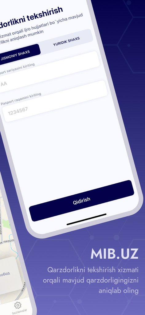 mib.uz - mib.uz mobile app screen showing the interface for checking individual debts and travel bans in Uzbekistan using passport details