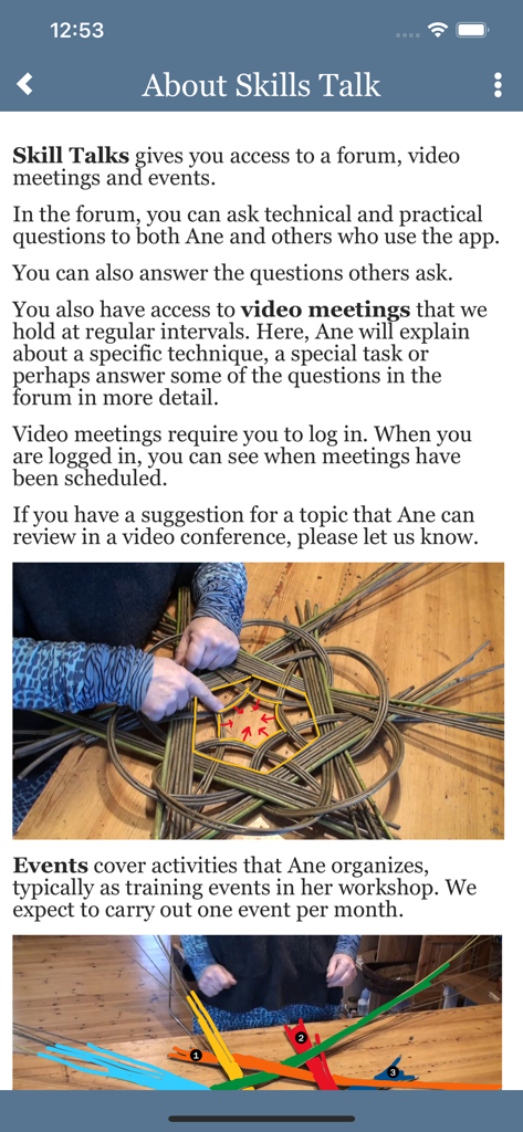 Baskets 2day - Baskets 2dayアプリの画面。編み物のデモンストレーションを伴うSkills Talkコミュニティフォーラムとビデオ会議機能について説明しています。