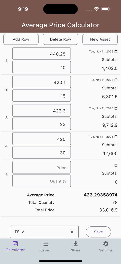 Average Price Calculator mobile interface showing cost basis and purchase history for TSLA stock