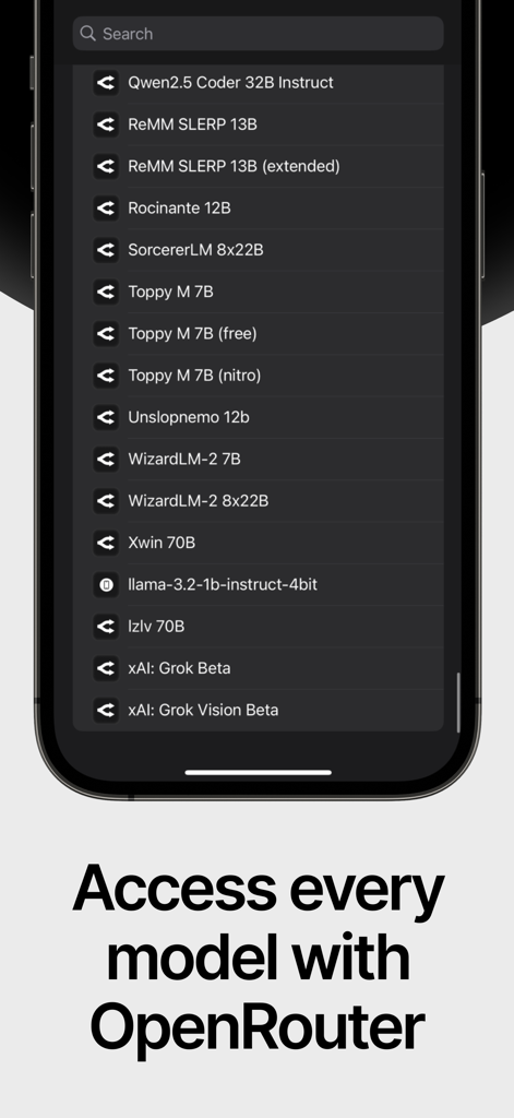 Apollo - Powered by Liquid - Apolloアプリで、OpenRouter統合を通じて利用可能なLlamaやGrokのような様々なAI言語モデルのリスト。