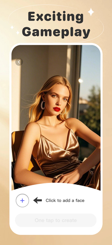 Interfaz de la aplicación PIX para intercambio de caras IA con una mujer con un vestido dorado