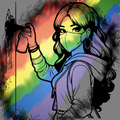 realistic girl with mask spray painting a wall