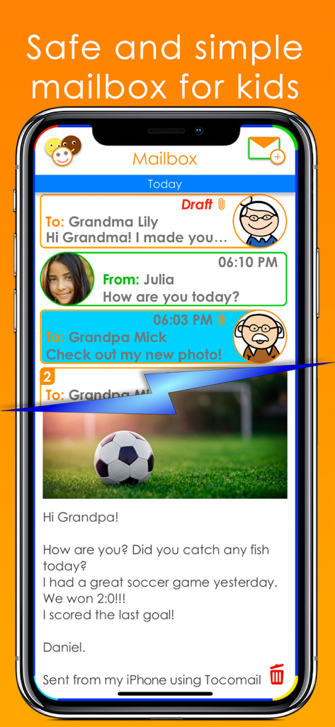 Smartphone-Bildschirm, der die Tocomail-sichere Mailbox für Kinder mit bunten Nachrichten an Familienmitglieder anzeigt