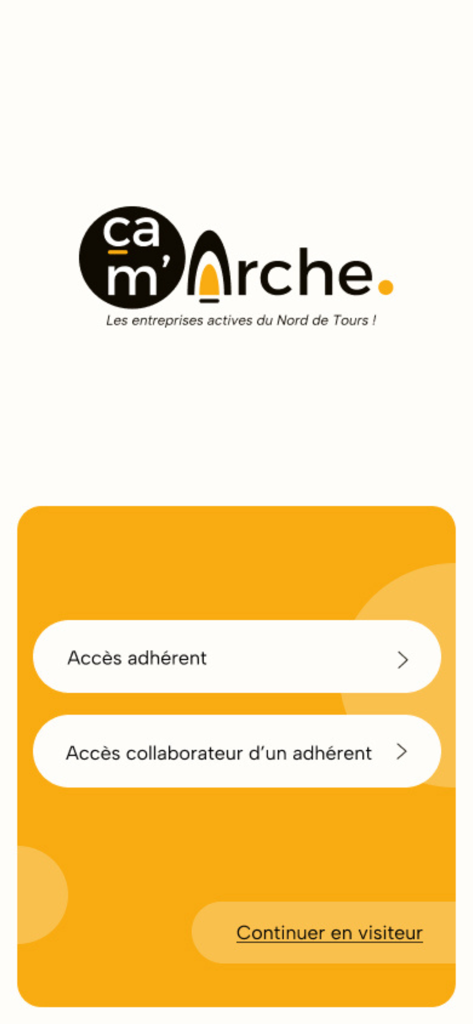 Ça M'Arche - Welcome screen of the Ca Marche app for the Tours Nord business association with member login and visitor access options