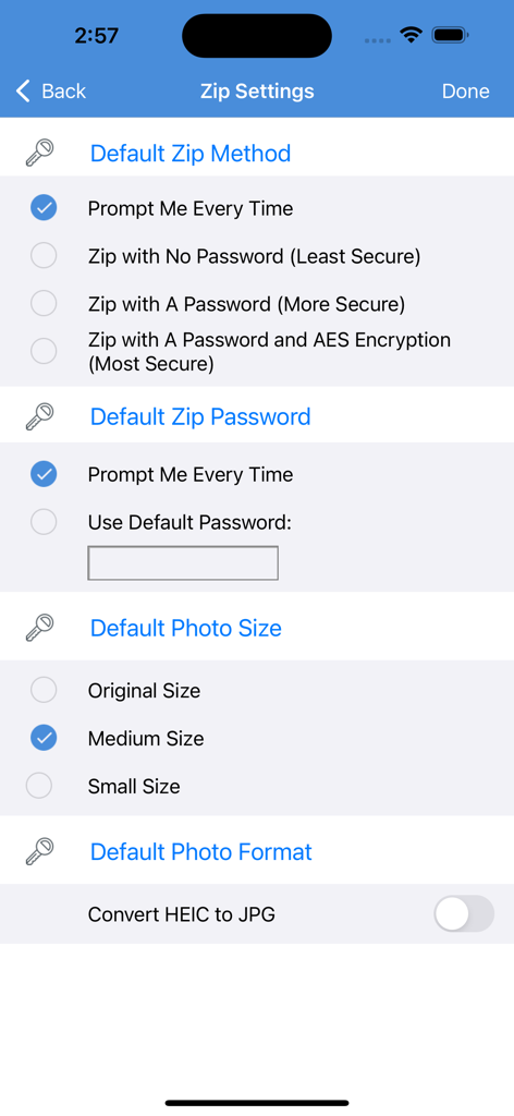 iZip Pro -Zip Unzip Unrar Tool - Pantalla de configuración de la aplicación iZip Pro mostrando opciones de método de compresión, incluida la protección con contraseña y el cifrado AES