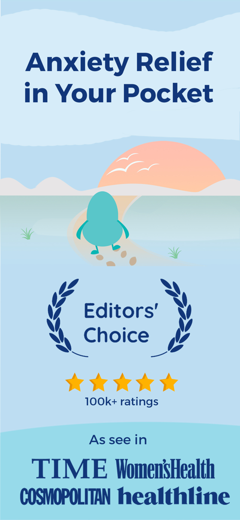 Rootd app promotional screen with the headline Anxiety Relief in Your Pocket featuring a character walking towards a sunset and media logos like TIME and Women's Health