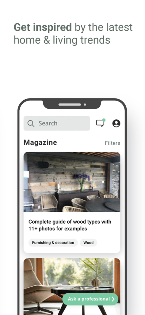 Interfaccia dell'app homify che mostra riviste e tendenze di design per la casa