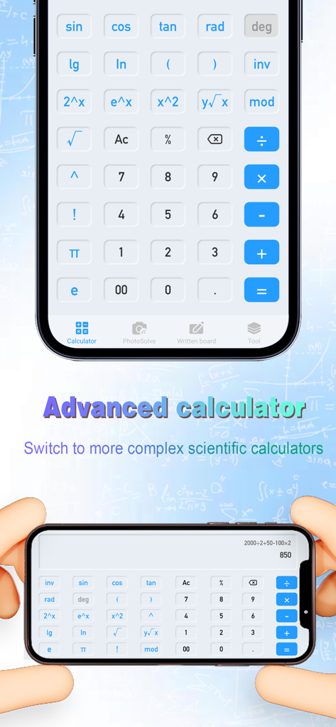 AI QuickSolver - Interfaz de calculadora científica avanzada de AI QuickSolver que se muestra en un smartphone en orientaciones vertical y horizontal.
