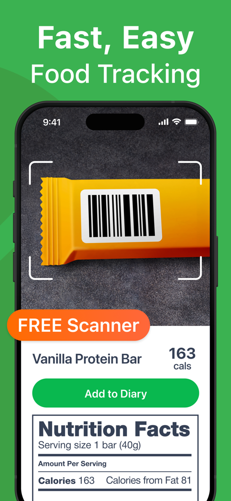 MyNetDiary app interface showing the free barcode scanner feature scanning a protein bar