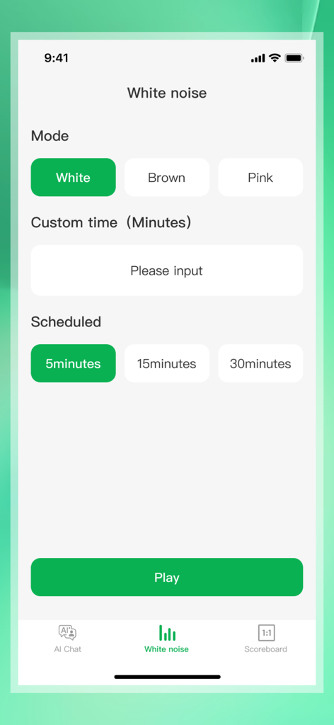 Echo Chat Engine - 사운드 모드 및 타이머 옵션을 보여주는 Echo Chat Engine 앱의 백색 소음 설정 인터페이스.