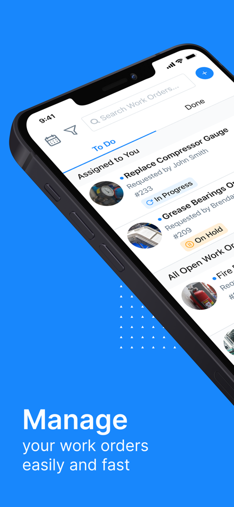 MaintainX Work Orders - Ansicht der MaintainX Mobile App mit einer Liste von Wartungsaufträgen mit Aufgabenstatus und Beschreibungen
