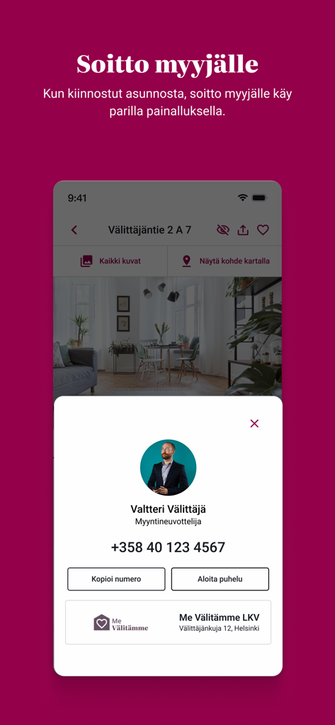 Etuovi mobile app interface showing a real estate agent contact pop-up with options to call or copy the phone number