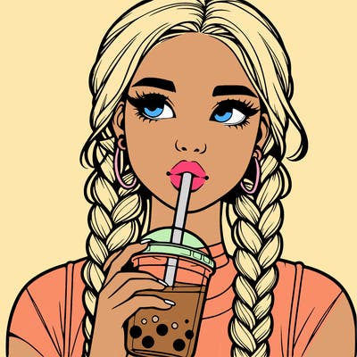 realistic girl with braided hair drinking boba