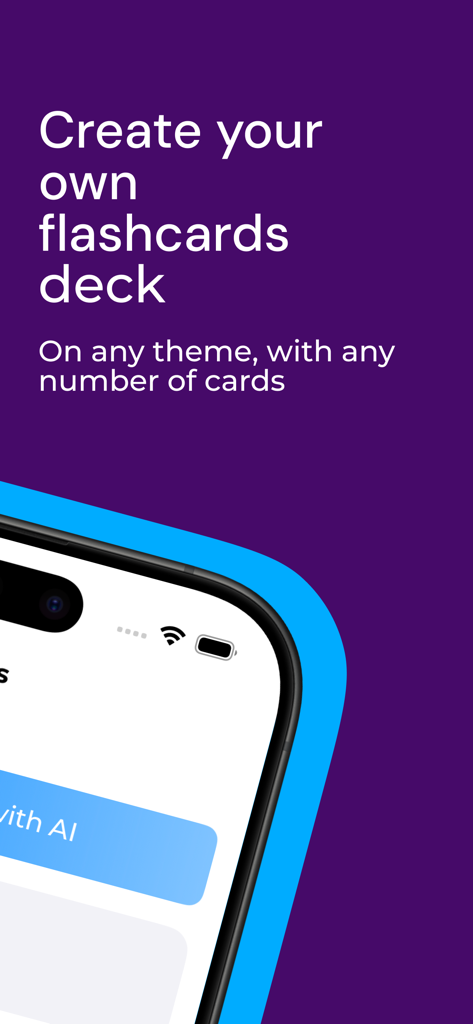 Flashcards: Easy Make & Learn - App screenshot showing how to create personalized flashcard decks on any theme with AI assistance.