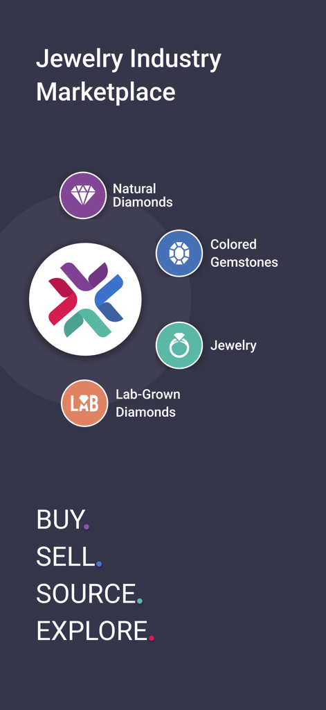 VDB - Virtual Diamond Boutique - VDB app home screen showing jewelry industry marketplace categories for diamonds and gemstones